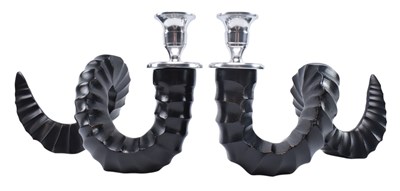 Lot 137 - PAIR OF MODERN DESIGN CAST METAL AND CHROME HORN SHAPED CANDLESTICKS