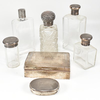 Lot 166 - HALLMARKED SILVER CIGARETTE BOX T/T HALLMARKED SILVER PERFUME BOTTLES