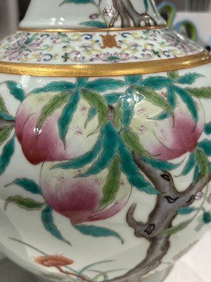 Lot 12 - PAIR OF LARGE “NINE PEACHES” TIANQIUPING VASES 宣统款 粉彩九桃图大天球瓶