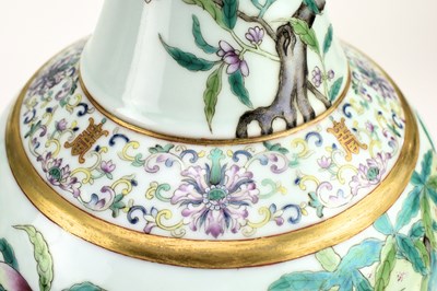 Lot 12 - PAIR OF LARGE “NINE PEACHES” TIANQIUPING VASES 宣统款 粉彩九桃图大天球瓶