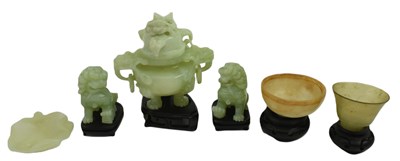 Lot 137 - COLLECTION OF SIX GREEN STONE /BOWENITE CENSER, LIONS & BRUSH WASHER