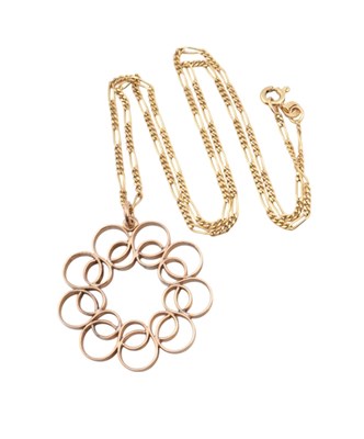 Lot 427 - 9CT GOLD FIGARO LINK NECKLACE AND FANCY PENDANT