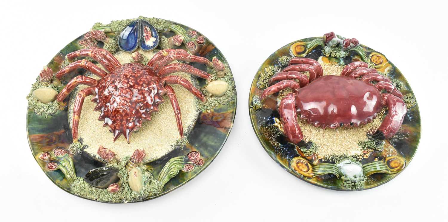 Lot 28 - TWO PORTUGUESE PALISSY WARE HAND PAINTED CERAMIC CRAB CHARGERS