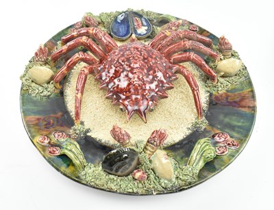 Lot 28 - TWO PORTUGUESE PALISSY WARE HAND PAINTED CERAMIC CRAB CHARGERS