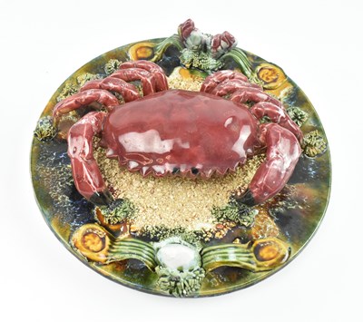 Lot 28 - TWO PORTUGUESE PALISSY WARE HAND PAINTED CERAMIC CRAB CHARGERS