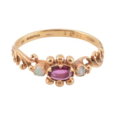 Lot 425 - 9CT GOLD RUBY & OPAL RING