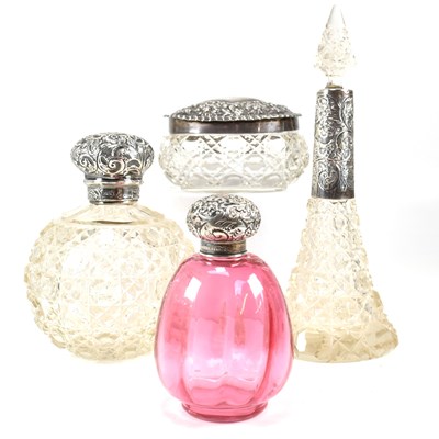 Lot 21 - COLLECTION OF SILVER HALLMARKED CUT GLASS PERFUME BOTTLES & DRESSING TABLE POTS