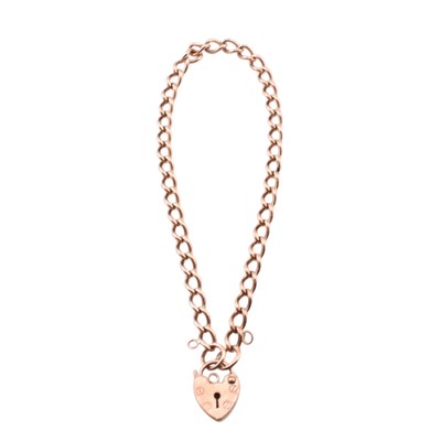 Lot 116 - HALLMARKED 9CT ROSE GOLD CHAIN BRACELET WITH HEART PADLOCK CLASP