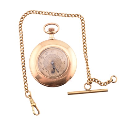 Lot 158 - HALLMARKED 14CT GOLD HALF HUNTER POCKET WATCH AF & ROLLED GOLD WATCH CHAIN
