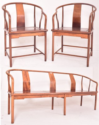 Lot 355 - SET OF THREE CHINESE HUANGHUALI SALON SUITE CHAIRS & BENCH SEAT