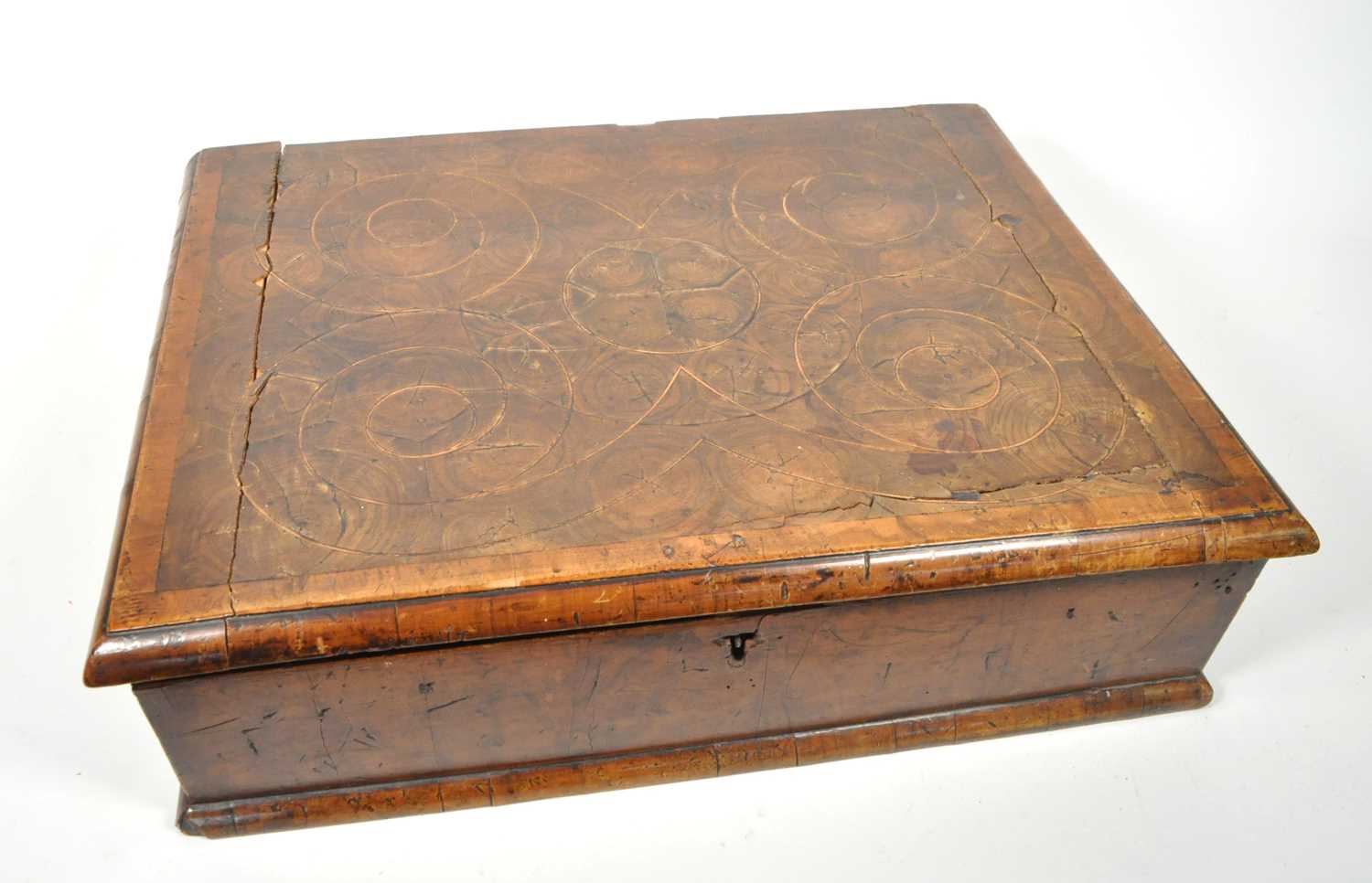 Lot 620 - 17TH CENTURY WALNUT OYSTER VENEERED SLOPE FRONT CHEST