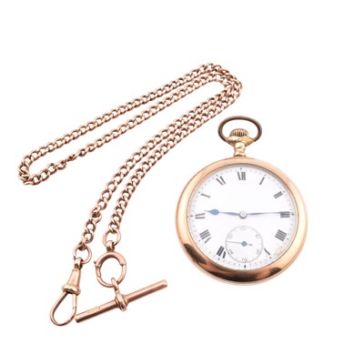Lot 62 - 9CT ROSE GOLD ALBERT CHAIN & GOLD FILLED OPEN FACE POCKET WATCH