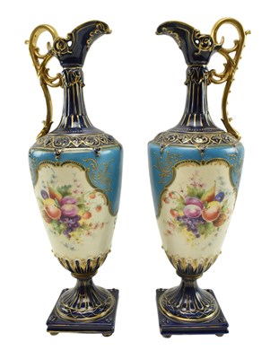 Lot 52 - RUDOLSTADT - PAIR OF 19TH CENTURY CONTINENTAL CERAMIC EWER GARNITURE VASES