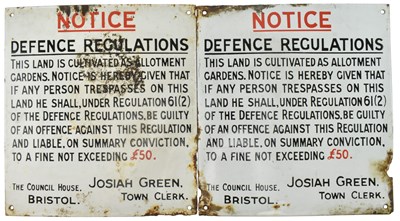 Lot 161 - PAIR OF EARLY 20TH CENTURY DEFENCE REGULATIONS ENAMEL SIGNS