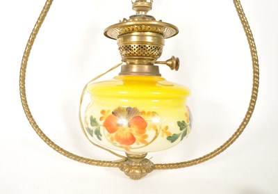 Lot 336 - 19TH CENTURY VICTORIAN HANGING OIL LAMP WITH BRASS FRAME