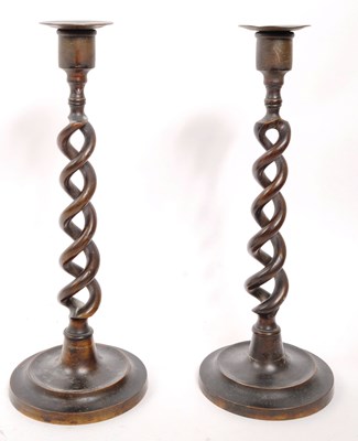 Lot 341 - PAIR OF BRASS OPEN BARLEY TWIST CANDLESTICKS