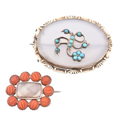Lot 79 - TWO 19TH CENTURY BROOCH PINS - CHALCEDONY, TURQUOISE, CORAL