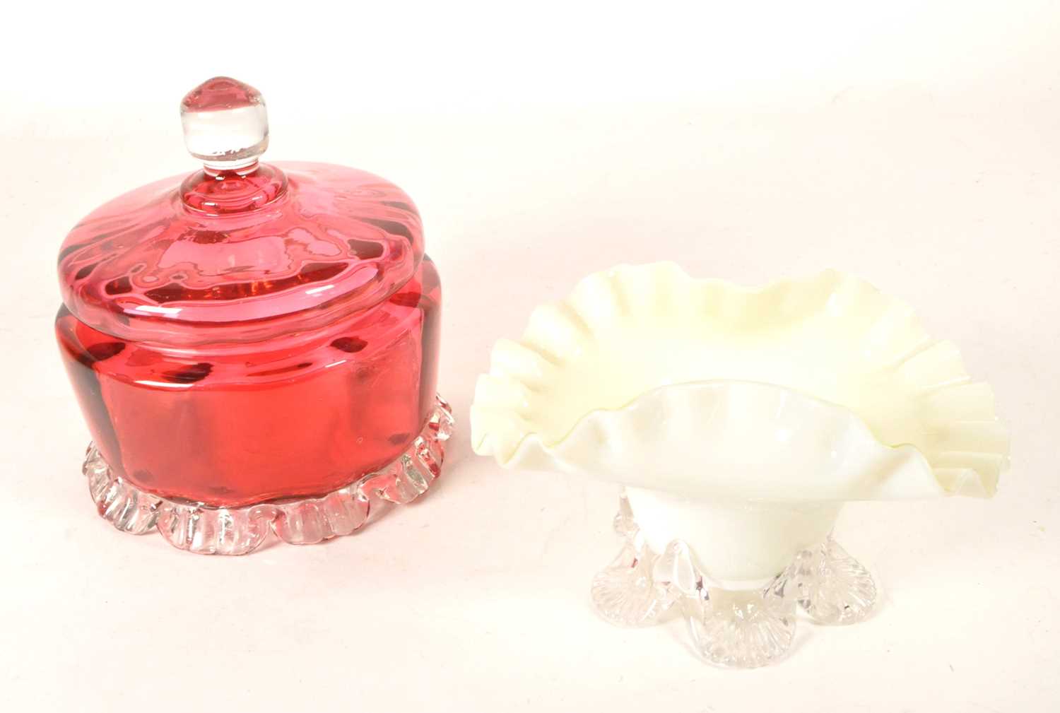 Lot 111 - 19TH CENTURY VICTORIAN CRANBERRY GLASS LIDDED POT AND EPERGNE