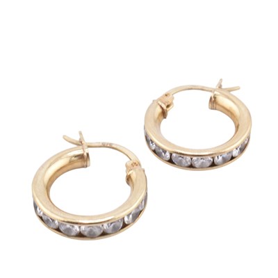 Lot 276 - PAIR OF 9CT GOLD & WHITE STONE HOOP EARRINGS