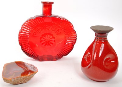 Lot 361 - RED SUN BOTTLE GLASS ' POISON ' BOTTLE & GLAZED MOULDED POTTERY VASE