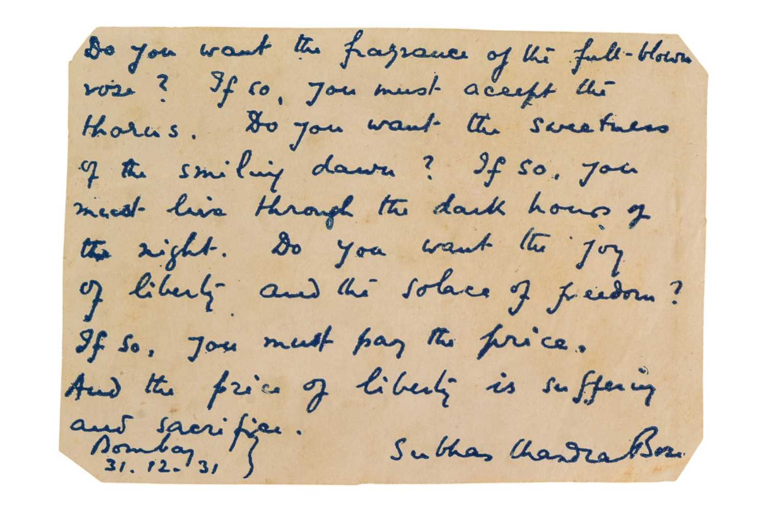 Lot 235 - INDIAN HISTORY - SUBHAS CHANDRA BOSE (D.1945) - ALS