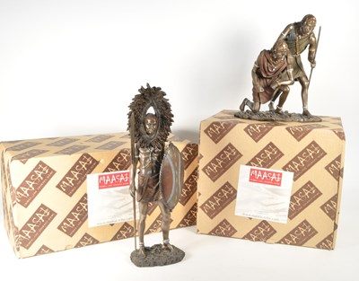 Lot 328 - TWO 21ST CENTURY RESIN BRONZED EFFECT MASAI FIGURES BOXED