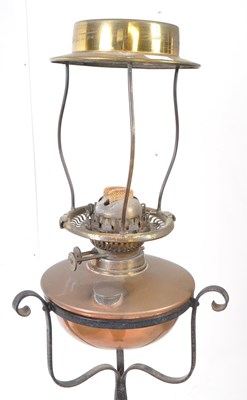 Lot 901 - ARTS AND CRAFTS STYLE WROUGHT IRON FLOOR STANDING OIL LAMP