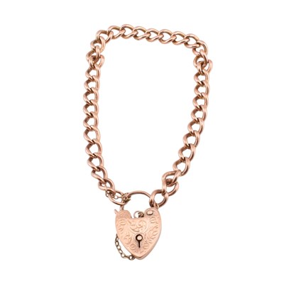 Lot 147 - 9CT ROSE GOLD BRACELET WITH ENGRAVED HEART PADLOCK CLASP