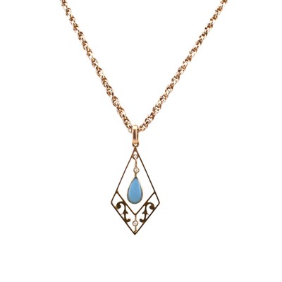 Lot 181 - EARLY 20TH CENTURY 9CT GOLD TURQUOISE & SEED PEARL PENDANT ON CHAIN