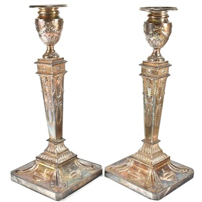 Lot 69 - PAIR OF OLD SHEFFIELD SILVER PLATE ADAMS MANNER CANDLESTICKS