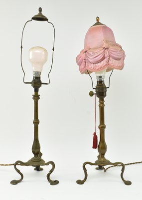 Lot 439 - MANNER OF W. A. BENSON - PAIR OF ARTS & CRAFTS BRASS & MILK GLASS COACH LAMPS