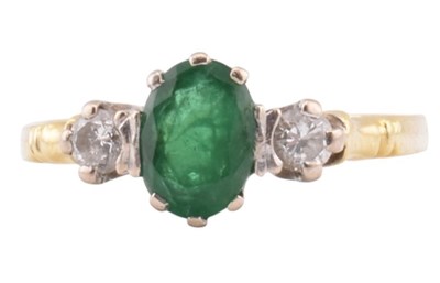 Lot 233 - HALLMARKED 18CT GOLD EMERALD & DIAMOND THREE STONE RING