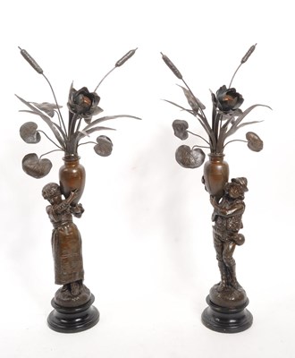 Lot 338 - PAIR OF EARLY 20TH CENTURY FRENCH METAL FIGURES / LAMPS