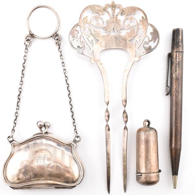 Lot 81 - HALLMARKED SILVER PURSE, PICK CASE, HAIR PIN & PENCIL