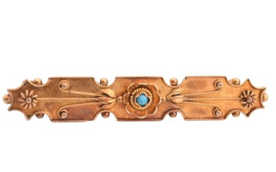 Lot 403 - VICTORIAN HALLMARKED 15CT GOLD & TURQUOISE BAR BROOCH