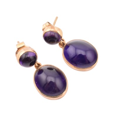 Lot 385 - 9CT GOLD & AMETHYST SET DROP EARRINGS