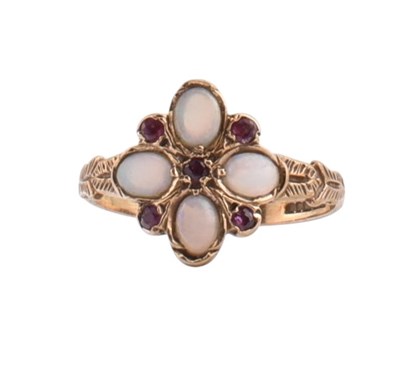 Lot 184 - HALLMARKED 9CT GOLD OPAL & RUBY FLOWER CLUSTER RING.