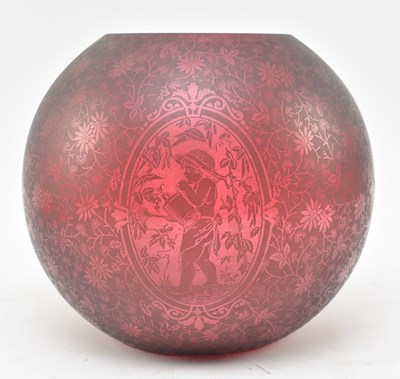 Lot 344 - 19TH CENTURY CRANBERRY / RUBY RED GLASS ACID-ETCHED OIL LAMP SHADE