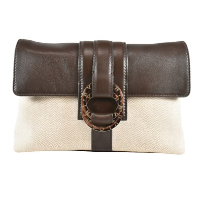 Lot 513 - BULGARI CHANDRA BEIGE CANVAS AND BROWN LEATHER CROSSBODY BAG