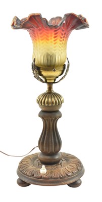 Lot 412 - ART DECO CIRCA 1930S GLASS & CARVED WOOD DESK TABLE LAMP