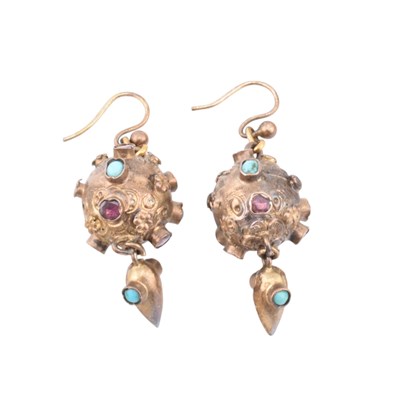Lot 238 - PAIR OF 19TH CENTURY GARNET & TURQUOISE SET ORB PENDANT EARRINGS