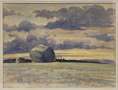 Lot 57 - PERCY MONKMAN (1892-1986) - 1936 HAYSTACKS WATERCOLOUR