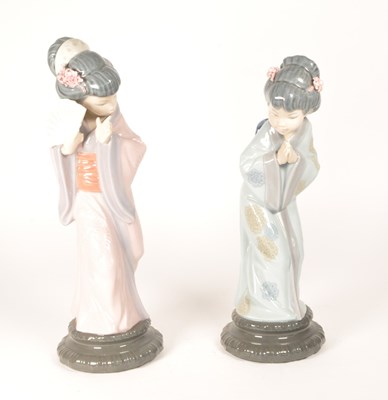 Lot 11 - LLADRO - TWO 1978 PORCELAIN JAPANESE GEISHA LADY FIGURES