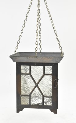 Lot 527 - ARTS & CRAFTS COPPER TONED METAL & TEXTURED GLASS PORCH LANTERN