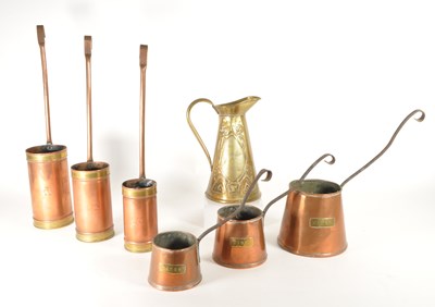 Lot 278 - 20TH CENTURY COPPER CIDER AND MEASURING LADLES WITH BRASS JUG