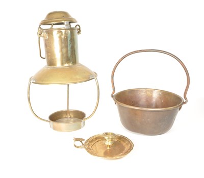 Lot 215 - 20TH CENTURY BRASS JAM PAN, CHAMBER CANDLESTICK AND NAUTICAL LAMP