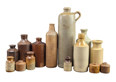 Lot 63 - COLLECTION OF STONEWARE ADVERTISING BOTTLES, JUGS & BUD VASES INCL. DOULTON LAMBETH EXAMPLES