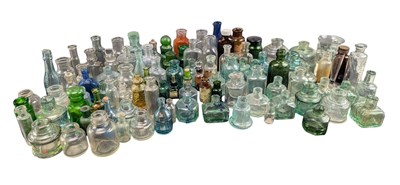Lot 87 - COLLECTION OF GLASS INK WELLS, TRINKET POTS, APOTHECARY JARS, VIALS & SIMILAR
