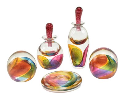 Lot 269 - ROGER TYE - FIVE STUDIO ART GLASS PERFUME BOTTLES / PAPERWEIGHTS