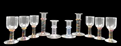 Lot 279 - COWDY GLASS - SET OF SIX VINTAGE WINE GLASSES & TWO PAIRS OF CANDLESTICKS